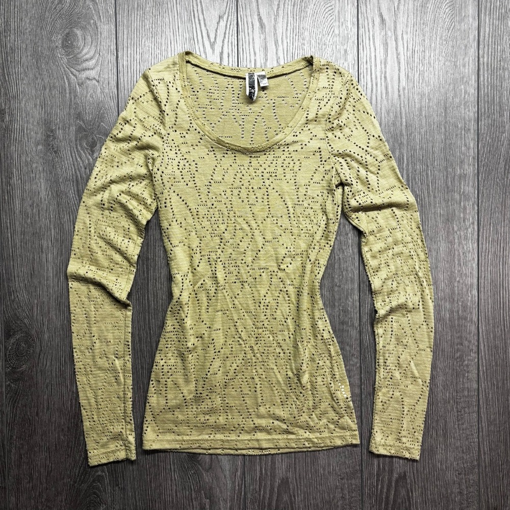 BKE Pointelle Y2k XS Knit Long Sleeve Scoop Neck Top Olive Green Vintage